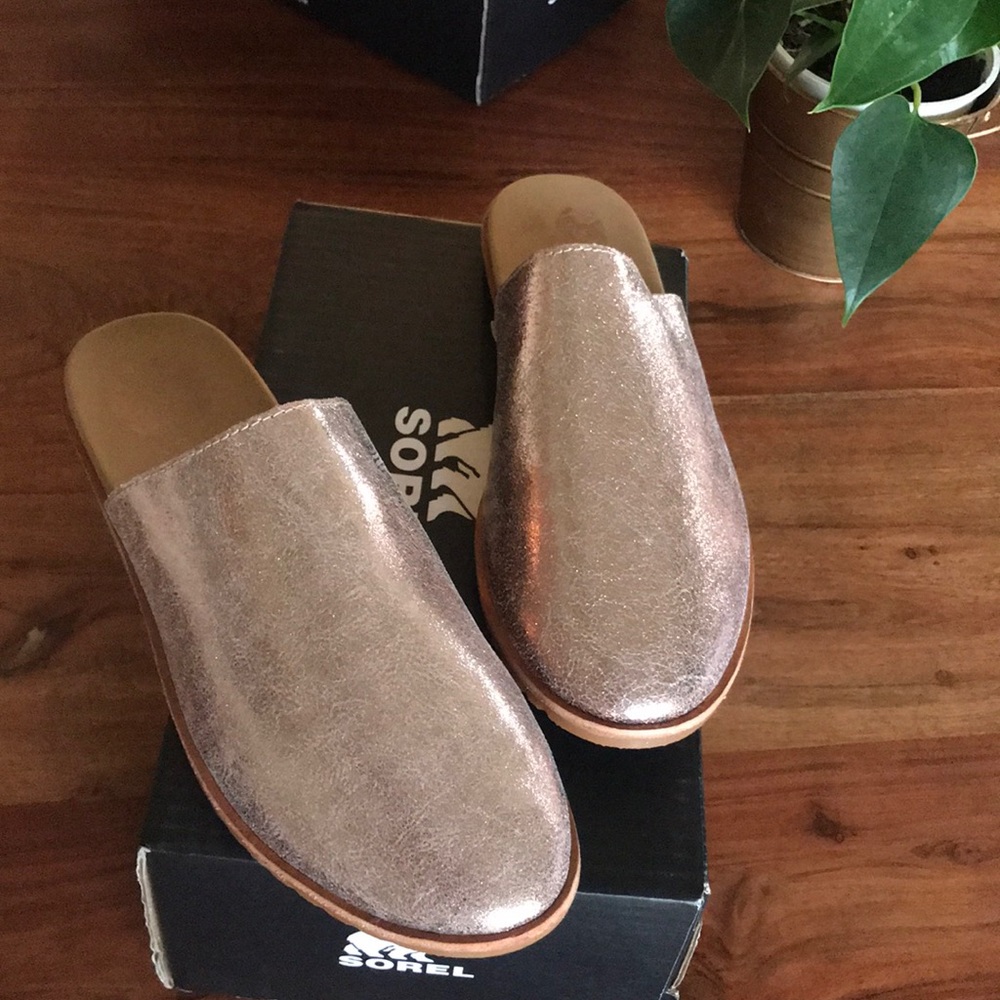 Sorel Rose Gold Metallic Leather Slide Mules